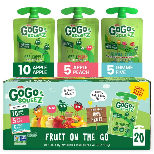 (20 Pack) GoGo Squeez Apple Apple, Apple Peach, and Gimme 5 Snack Pouch, 3.2 oz, 20 pack
