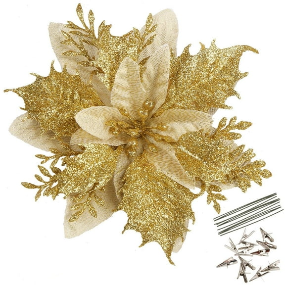 20 Pack Gold Christmas Poinsettia Decorations Flowers Ornaments for Christmas Tree, Wreath, Garland, 5.5"