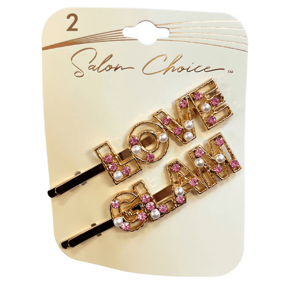 20 Pack Hair Clips LOVE and GLAM Details, Sparkling Pink Rhinestones, Pearl Embellishments, Stylish, Sturdy Hair Accessories for Everyday Wear, Parties, Gifting, Bulk, Gold
