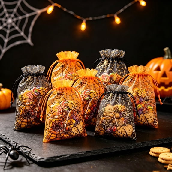 20 Pack Halloween Web Print Drawstring Mesh Treat Bags for Candy Party Favors, Goodie Bags, Gift Wrapping Supplies