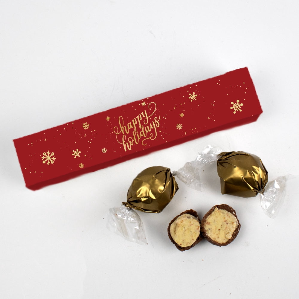 20 Pack Happy Holidays Candy Favor Box Filled With Milk Chocolate Dubai Truffles - Gold Snowflakes