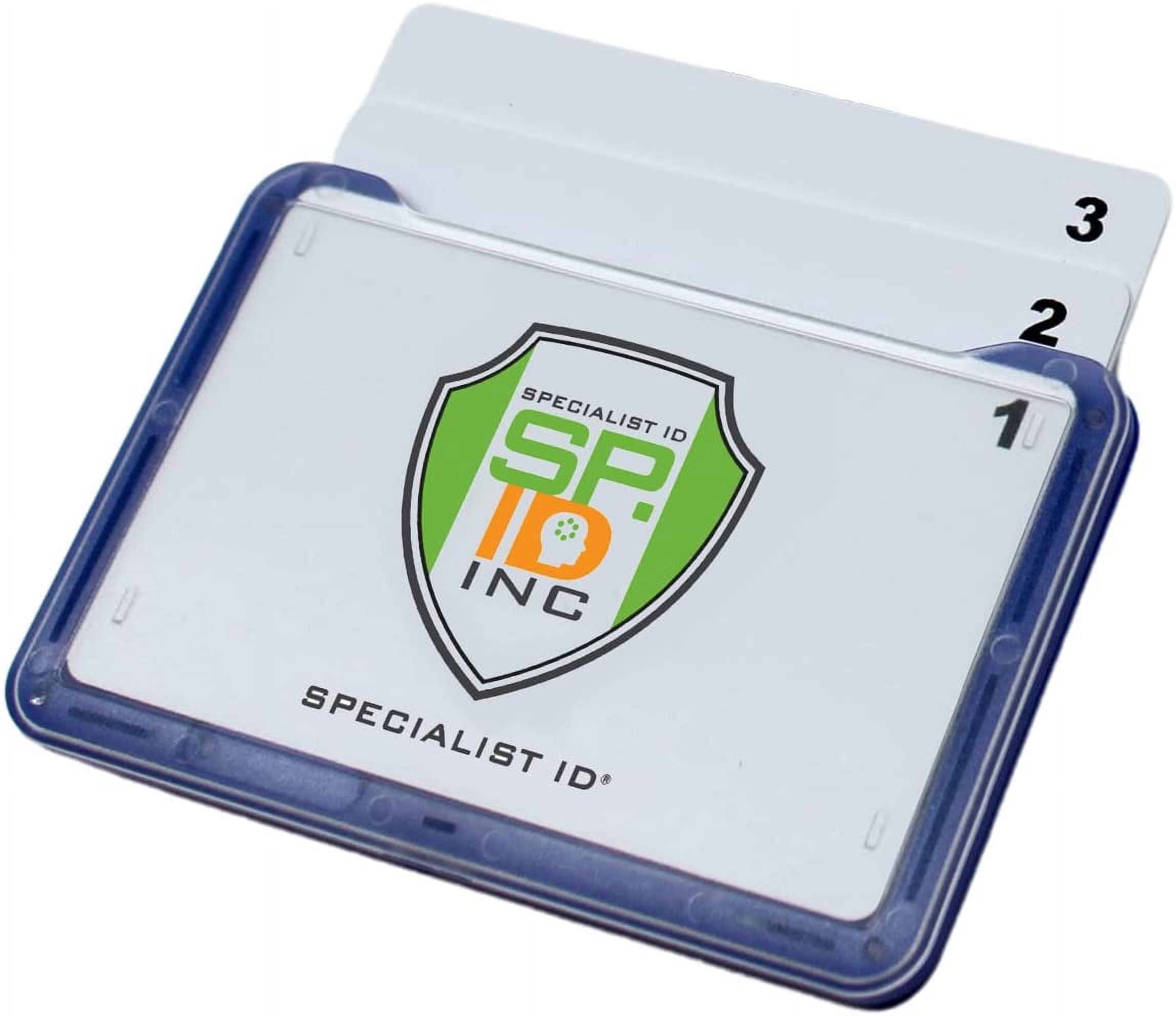 20 Pack - Heavy Duty Badge Holder for 3 Cards Horizontal - ID Cover Holds Three Badges Rigid Polycarbonate Multiple Card Case for 2 to 3 I’d - Top Load I.D. Case for Work by Specialist ID (Blue)