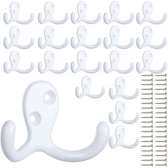 20 Pack Heavy Duty Coat Hooks Wall Mounted with 40 Screws Wall Hooks Retro Double Prong Hooks Utility Hooks for Coat, Scarf, Bag, Towel, Key, Cap, Cup, Hat 20 Pcs White