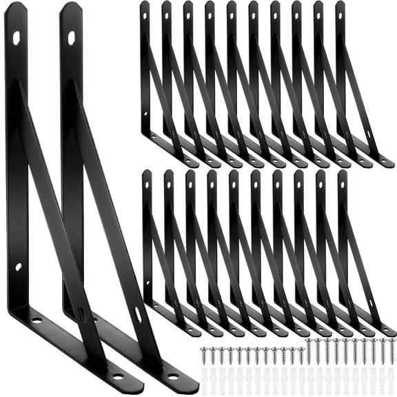 20 Pack Heavy Duty Shelf Brackets Bulk Metal Floating Shelving Support Wall Mounted 90 Degree Triangle Corner L Brackets for Garage with Hardware, Black (8 Inch)