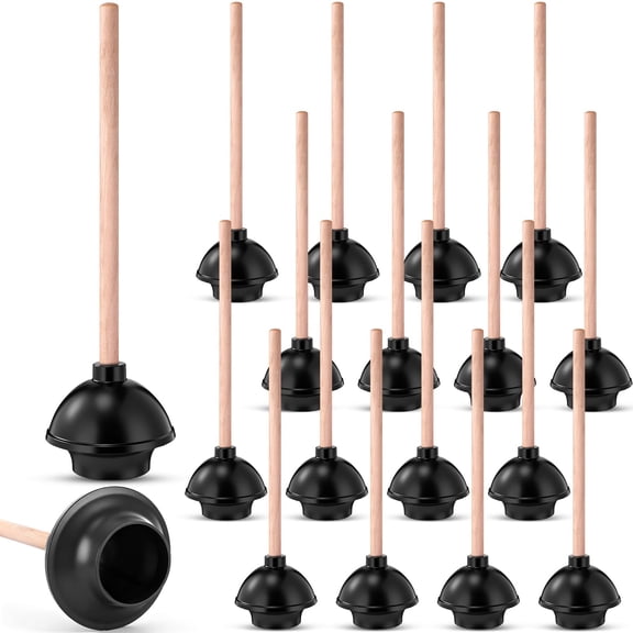 20 Pack Heavy Duty Toilet Plunger Bulk with 17 Inch Long Handle for Bathroom Dual Thrust Force Suction Cup Rubber Toilet Bowl Plunger with Wood Handle Clogged Solution for Hotel Drain Clogs