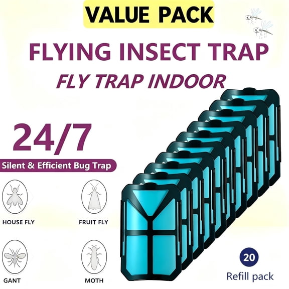 20-Pack Indoor Flying Insect Trap Refill Cartridges, Replacement Sticky Pads for Plug-in Bug Catcher Devices, Compatible with House Flies, Fruit Flies, Gnats & Moths, No Attractant Included