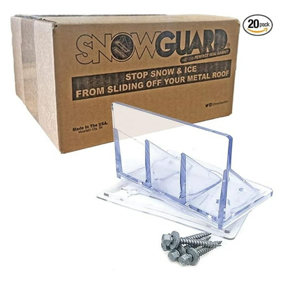 20 Pack Jumbo Snow Guards for Metal Roofs Clear Polycarbonate with Perfect Seal Gaskets & Screws Heavy-Duty Roof Snow Stops Prevent Sliding Snow & Ice | Made in USA