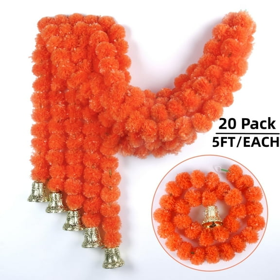 Gamexcel 20 Pack Artificial Marigold Garland with Bell for Indian/American Wedding Mantle,Housewarming,Diwali Party Decoration