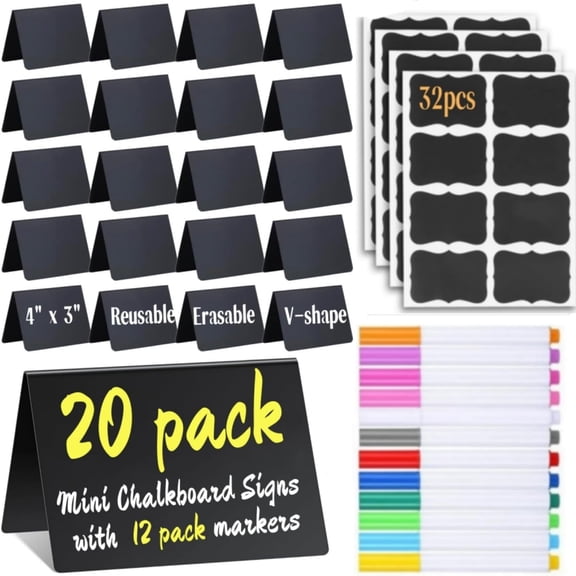 20 Pack Mini Chalkboard Signs Food Labels for Party Buffet, Reusable Small Chalk Boards for Birthday Bakery Wedding Table Signs Food Tags s (Plastic Chalkboard V-20)