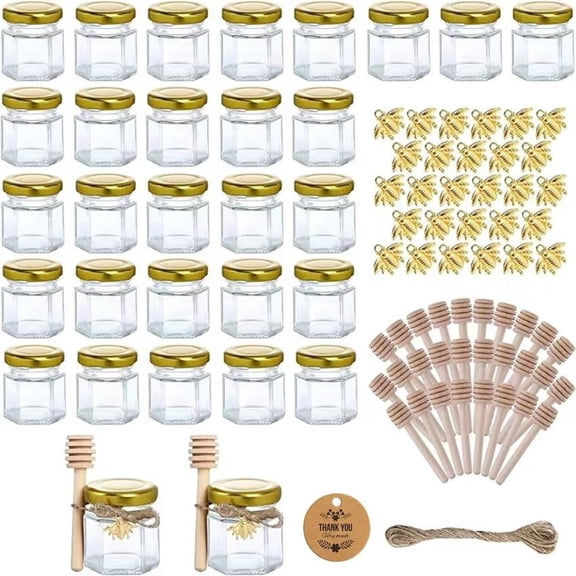 20 Pack Mini Hexagon Glass Honey Jars with Wooden Dippers - Gold Lid, Bee Pendants, Rope & Ribbon Accents - Perfect for Wedding Favors, Party Favors