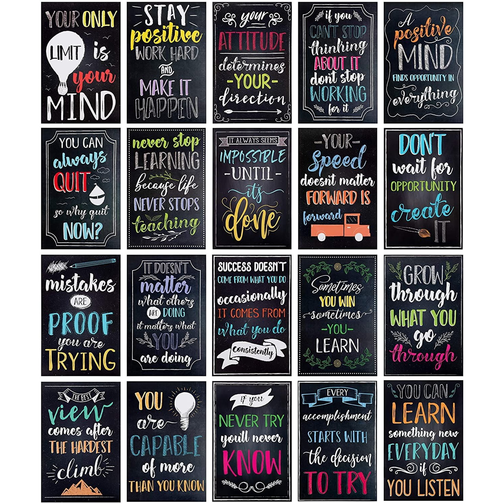 20 Pack Chalkboard Style Motivational Posters with Positive Quotes for Kids