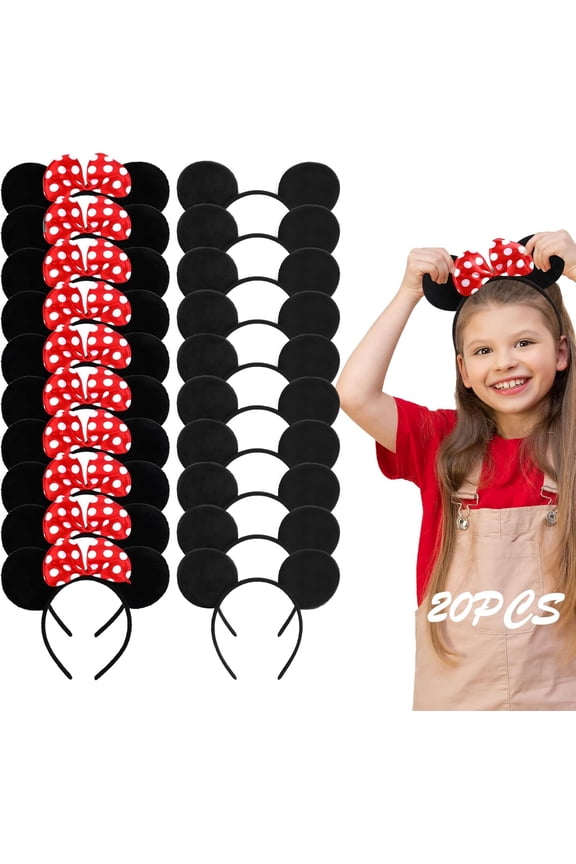 20 Pack Mouse Ears Headband Classic Solid Black and Red Bow Ears Headbands Bulk for Kids and Adults - Boys & Girls Mouse Themed Birthday Party Supplies
