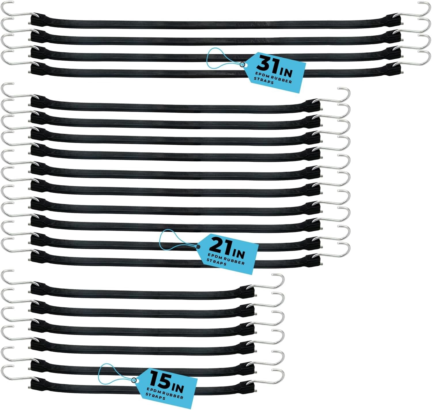 20 Pack Multiple Size Natural Rubber Tarp Bungee Straps 100% EPDM Tie Down Cords with S Hooks Heavy Duty Ideal for Securing Tarps