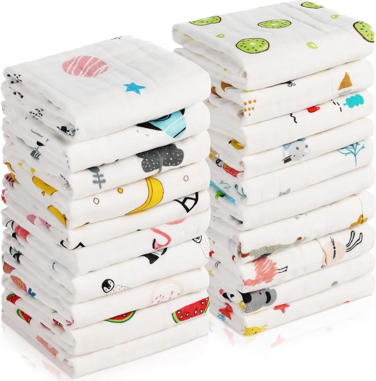 20 Pack Muslin Baby Burp Cloths Large 20 x 10 Inches Cotton Baby Burp Rags Towel and Washcloths Face Towels 6 Layers Super Absorbent for Infant Shower,20 Styles