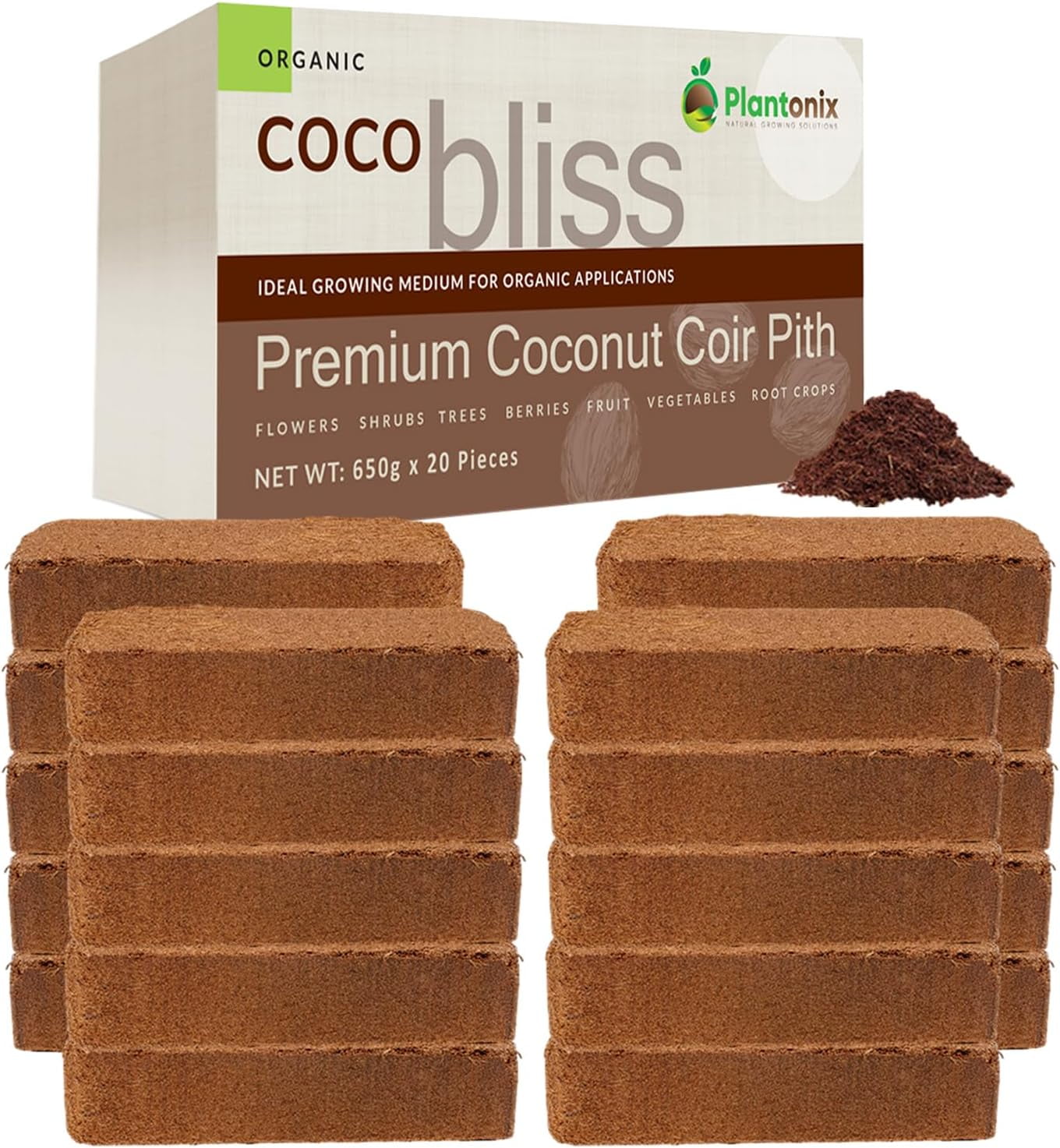 20-Pack Organic Coco Coir Bricks, 650g OMRI Listed Coconut Coir for Planting & Gardening
