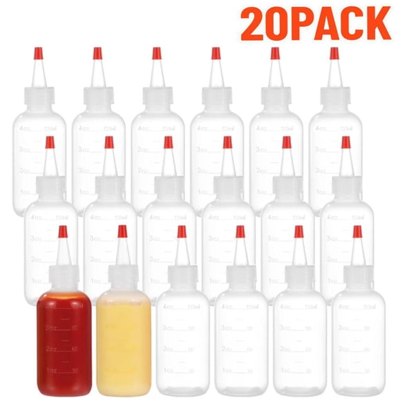 20 Pack Pack 4 Oz Plastic Squeeze Bottles With Caps and Measurements. Small Mini Squeeze Bottle for Arts and Crafts, Paint, Glue, Icing, Liquids, Sauces