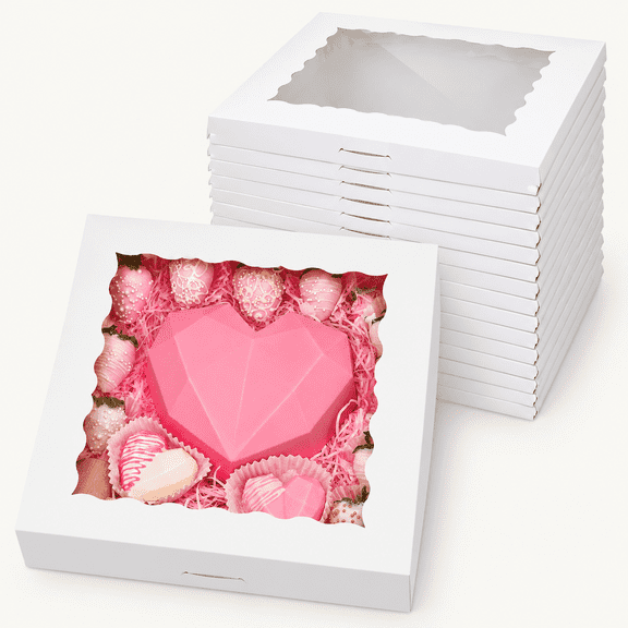 20-Pack Pie Boxes 12" x 12" x 2.5", Bakery Boxes with Window, White Cookie Boxes, Auto-Popup Treat Boxes for Pies, Muffins, Donuts and Pastries
