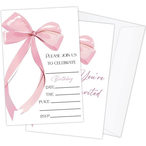 20 Pack Pink Bow Birthday Party Invitations with Envelopes for Teens Adults Girls, Birthday Celebration Party Invites Invitation Cards -13