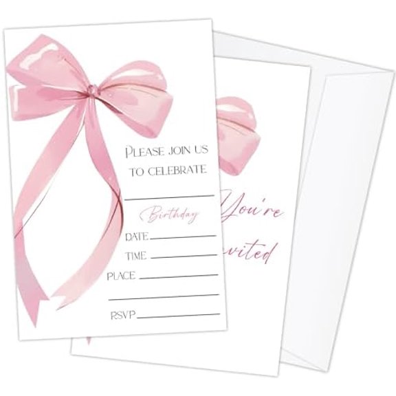 20 Pack Pink Bow Birthday Party Invitations with Envelopes for Teens Adults Girls, Birthday Celebration Party Invites Invitation Cards -13
