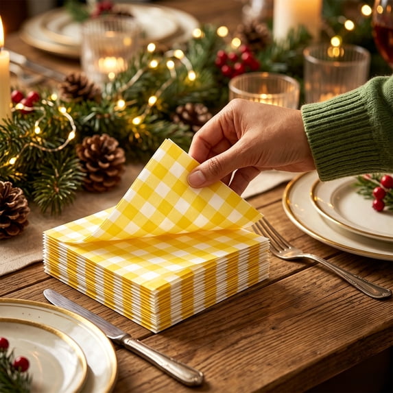 20 Pack Plaid Disposable Paper Napkins, Holiday Party Beverage Napkin, Gingham Check Pattern, Yellow, 20 Count