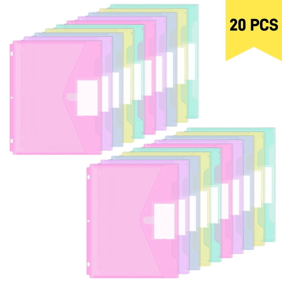 20 Pack Plastic Envelopes Binder Folders 3 Holes Plastic Envelopes File Folders for 3 Ring Letter/A4 SizeDocument Pouch with Label Loose-Leaf Transparent for Office School Home