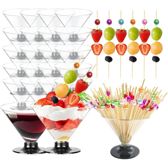 20 Pack Plastic Martini Glasses Disposable 5oz 7oz with 50 Cocktail Sticks Bundle, Disposable Plastic Cocktail Margarita Glasses Cups for Parties Wine Champagne Ice Cream (20, 4.8 oz)