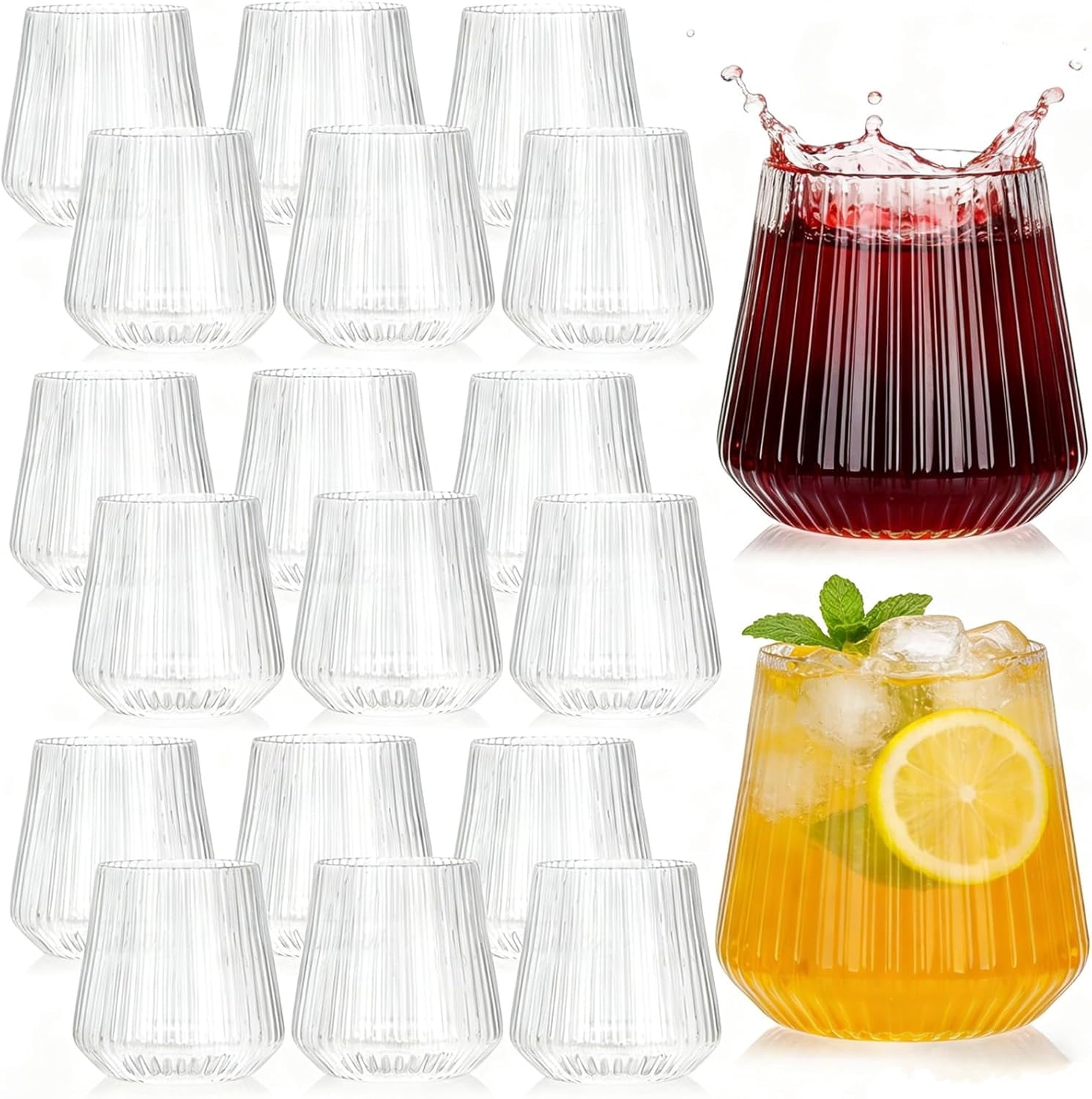 20 Pack Plastic Ribbed Wine Glasses, 12 Oz Unbreakable Stemless Cocktail Cups for Party, Disposable Reusable Origami Style Ridged Drinking Tumbler for Champagne Catering Wedding Picnic Bar