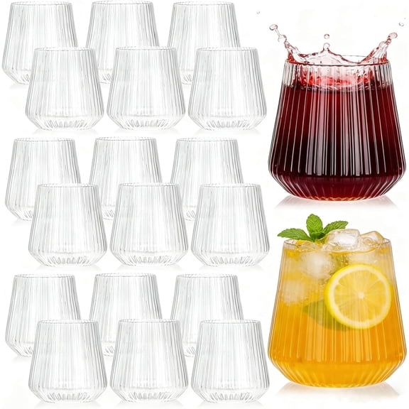 20 Pack Plastic Ribbed Wine Glasses, 12 Oz Unbreakable Stemless Cocktail Cups for Party, Disposable Reusable Origami Style Ridged Drinking Tumbler for Champagne Catering Wedding Picnic Bar