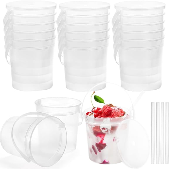 20 Pack Plastic Rum Buckets for Drinks, 32OZ Cocktail Buckets with Lid and Straw, Reusable Smoothie Bucket, 1Liter Large Ice Cream Pails for Halloween Football Parties Bar