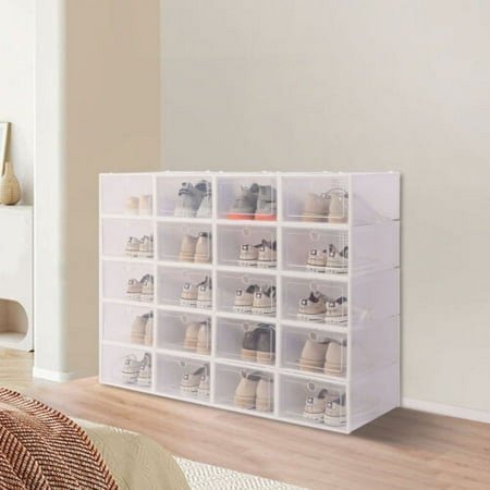 20 Pack Plastic Stackable Shoe Storage Organizer Case Clear Drawer Box PP Frame