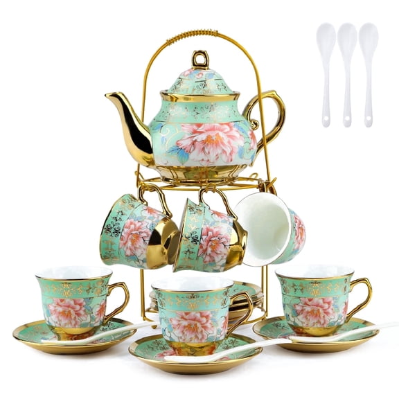 WANCHIY 20-Piece CoffeeTea Set – Porcelain with Gold Floral Design, Includes Teapot, Cups, Saucers & Metal Holder