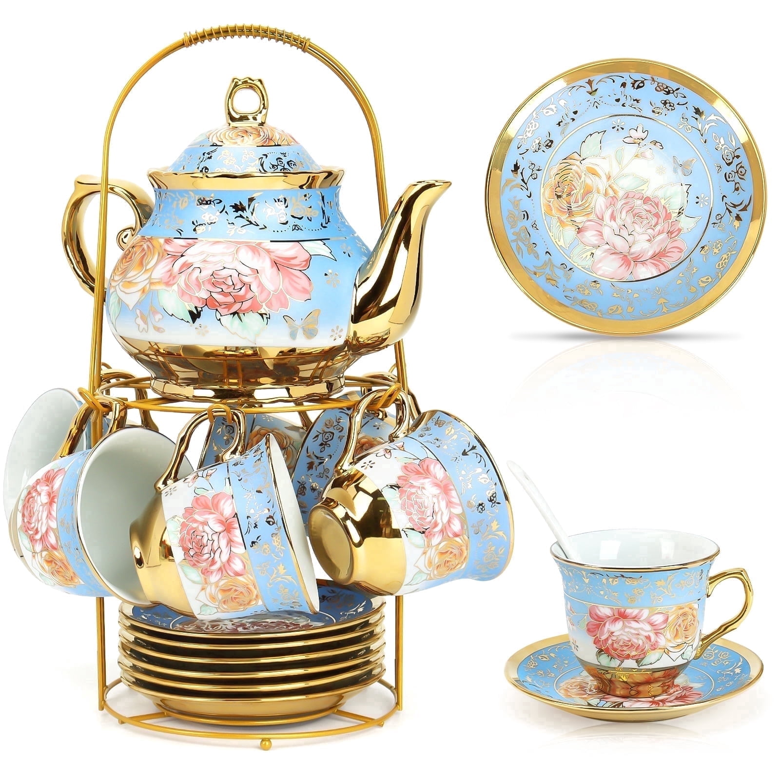 Manly Tea Set Wanchiy Porcelain Tea Set – 20 Piece European Style with Gold Floral ...