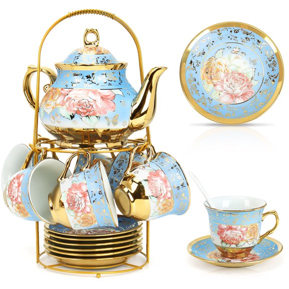 20 Pack Porcelain Tea Set with Metal Holder, Adult Tea Set Gift, European Ceramic Tea Set for Adults, Flower Tea Cup Saucer Set for Party With Gold Flower Painting