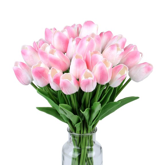 20 Pack Real Touch PU Artificial Tulips, Bendable Wire Stem Faux Tulip Flowers, Indoor Outdoor Fake Floral Arrangement for Spring Easter Home Wedding Table Decor