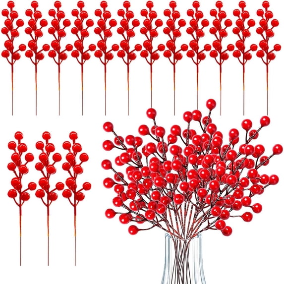 20 Pack Red Berry Stems, 8.7 Inch Artificial Burgundy Red Berry Picks Holly Red Berries Branches Christmas Berry Stem Picks for Christmas Tree DIY Crafts Wedding Holiday Season Winter Home Decor