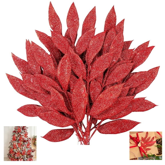 20-Pack Red Christmas Picks, Glittered Artificial Leaf Spray Picks Ornaments, Christmas Decorative Glittery Twigs for Tree, Wreath, Small Vase, Party (Red)