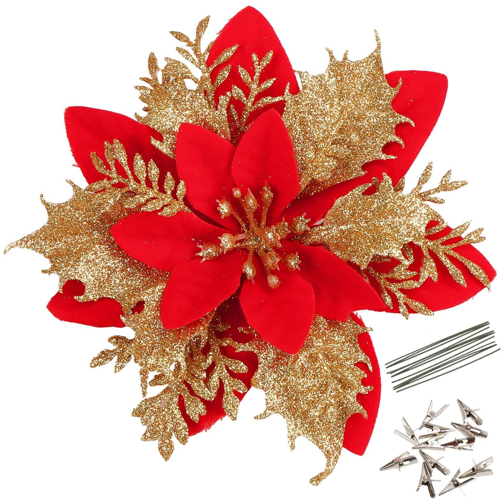20 Pack Red Christmas Poinsettia Decorations Flowers Ornaments for