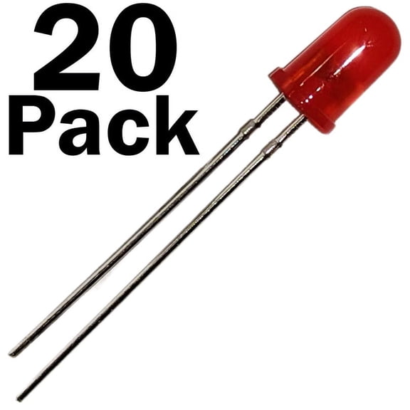 20 Pack Red Diffused Lens LEDs, 5mm Diameter Round Bulb, 2-Pin Light Emitting Diodes (1.8V to 2.2V, 20mA)