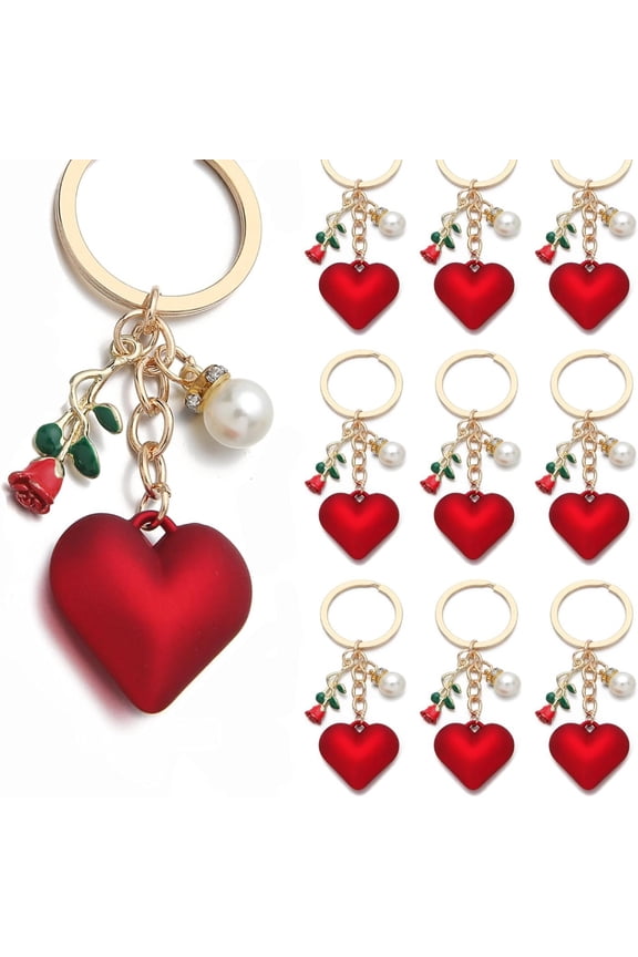 20 Pack Red Heart Keychain Set, Red Enamel Heart, Green Rose Charm & Pearl On Golden Key Ring, Boho Purse Charm And Car Accessory For Valentine's Day, Anniversaries, Couple Gifts