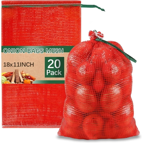 20 Pack Red Mesh Onion Bags 11x18in with Drawstring, 15 lb Breathable  Produce  Storage Sacks for Potatoes Onions Garlic Citrus Crawfish Firewood, Washable Net Bag for Vegetables