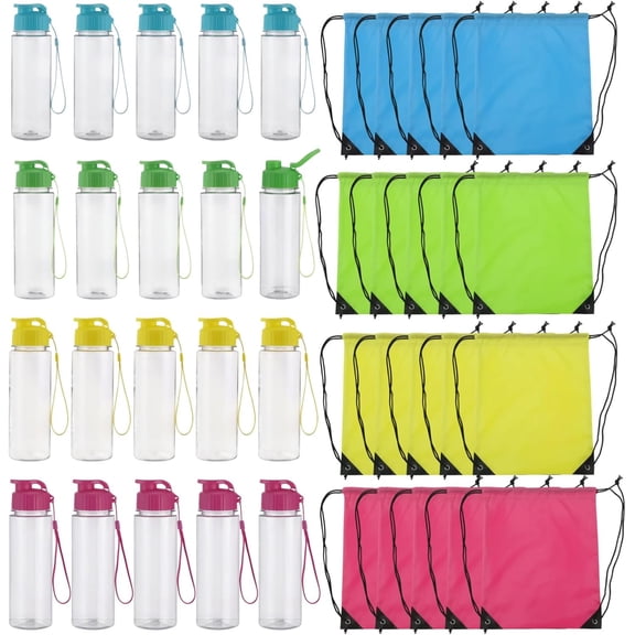 20 Pack Reusable Plastic Water Bottles, 17 oz with Flip Lid & Detachable Handle, Plus 20 Polyester Drawstring Backpacks, Multicolored Set for Sports, Gym, Travel, Event Gifts