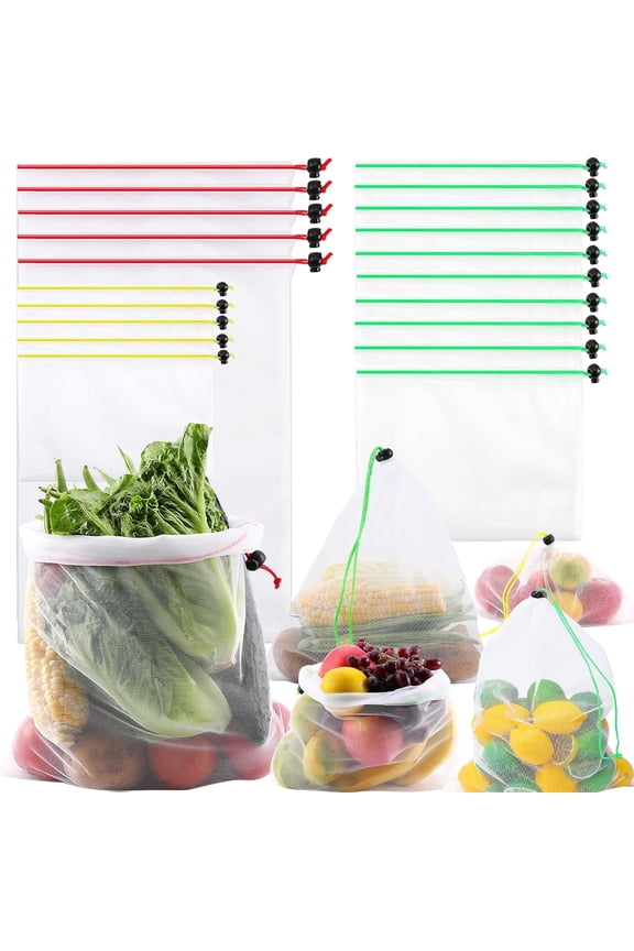 20 Pack Reusable Produce Bags,Washable Vegetables Fruits Bag,See-Through Mesh Produce Bags with Drawstring,Toy Storage Mesh Bags for Fruits Vegetables Toys Fridge Storage,3 Sizes