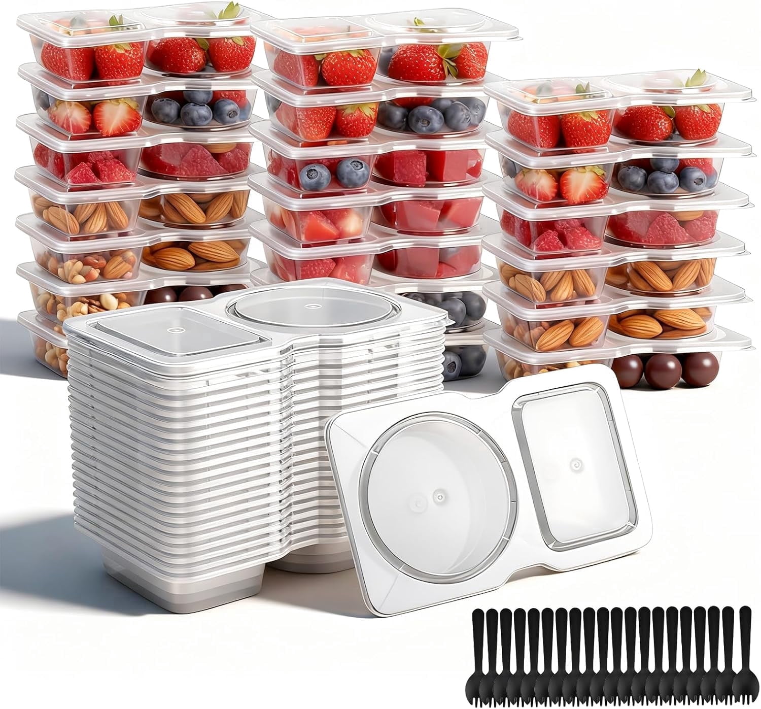 20 Pack Reusable Snack Containers with Lids, 2-Compartment Clear Portion Cups for Salad Dressing, Sauce & Snacks, Leakproof Plastic Food Containers for Meal Prep & On-the-Go