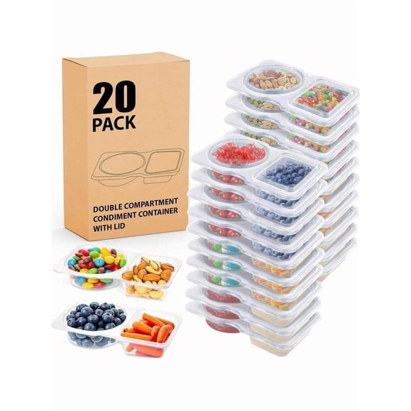 20-Pack Reusable Snack Containers with Lids, 2-Compartment Portion Control Meal Prep Containers, Leak-Proof Travel Snack Box for Kids, Toddlers, and Adults