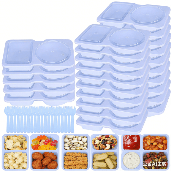 20 Pack Reusable Snack Containers with Lids - Double Compartment Condiment Snack Pack Containers with 20 Forks, Microwave Safe Portion Control Containers for Meal Prep, Take-out, Party & Travel