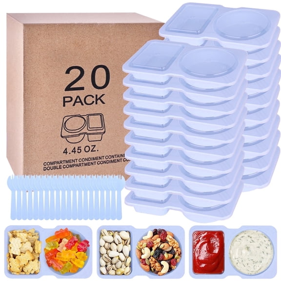 20 Pack Reusable Snack Containers with Lids - Double Compartment Condiment Snack Pack Containers with 20 Forks, Microwave Safe Portion Control Containers for Meal Prep, Take-out, Party & Travel