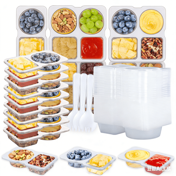 20 Pack Reusable Snack Containers with Lids - Double Compartment Condiment Snack Pack Containers with 20 Forks, Microwave Safe Portion Control Containers for Meal Prep, Take-out, Party & Travel