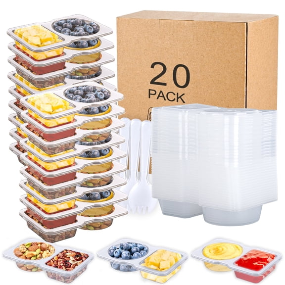 20 Pack Reusable Snack Containers with Lids - Double Compartment Condiment Snack Pack Containers with 20 Forks, Microwave Safe Portion Control Containers for Meal Prep, Take-out, Party & Travel