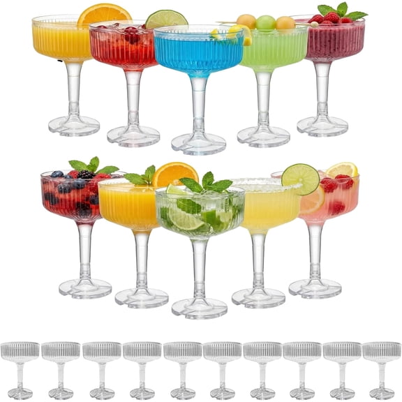 20 Pack Ribbed Martini Glasses- 7oz Plastic Coupe Glasses, Clear Cocktail Cups for Champagne Tower, Wedding, Birthday Party Supplies
