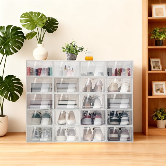 20 Pack Shoe Box Side Open, Clamshell Shoe Storage Container, Clear Shoe Boxes Stackable, Plastic Stackable Shoe Storage Organizer Shoe Container Sneaker Box for Men Women Shoes